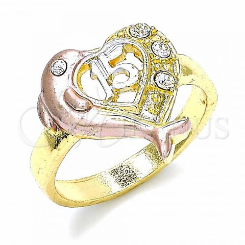 Oro Laminado Multi Stone Ring, Gold Filled Style Dolphin and Heart Design, with White Crystal, Polished, Tricolor, 01.351.0001.08 (Size 8)