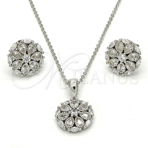 Sterling Silver Earring and Pendant Adult Set, Flower Design, with White Cubic Zirconia, Polished, Rhodium Finish, 10.175.0018