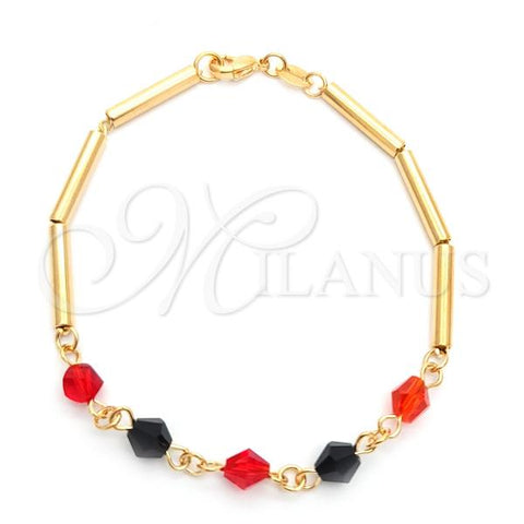 Oro Laminado Fancy Bracelet, Gold Filled Style Bamboo Design, with Black Azavache and Garnet Crystal, Multicolor Polished, Golden Finish, 03.32.0174.07