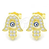 Sterling Silver Stud Earring, Hand of God and Evil Eye Design, with White Cubic Zirconia, Blue Enamel Finish, Golden Finish, 02.336.0170.2
