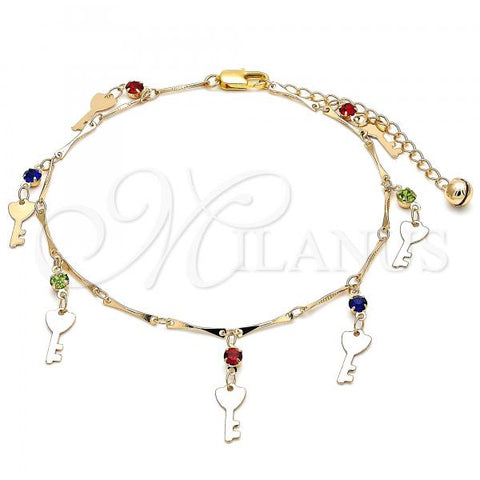 Oro Laminado Charm Anklet , Gold Filled Style key and Rattle Charm Design, with Multicolor Crystal, Polished, Golden Finish, 03.213.0092.1.10