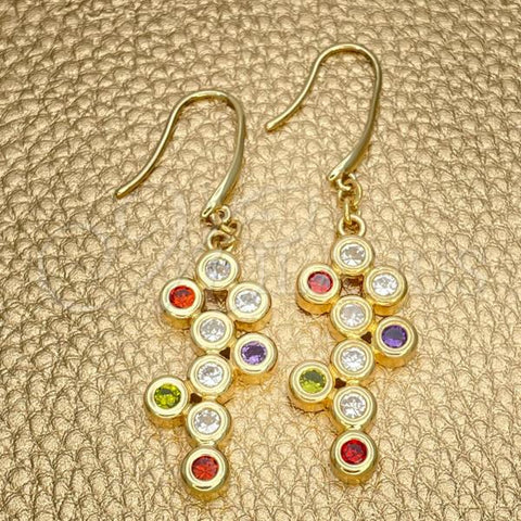 Oro Laminado Dangle Earring, Gold Filled Style Grape Design, with Multicolor Cubic Zirconia, Polished, Golden Finish, 02.59.0115