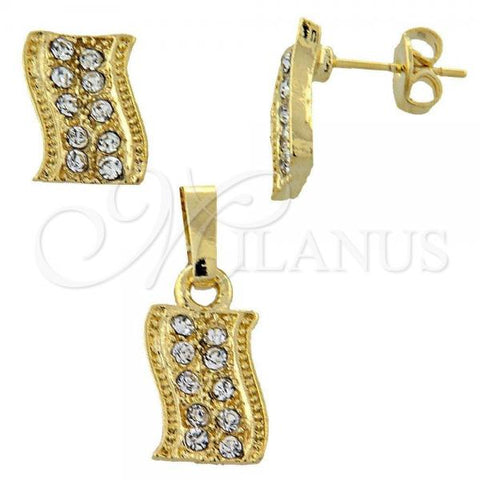 Oro Laminado Earring and Pendant Adult Set, Gold Filled Style with White Crystal, Polished, Golden Finish, 10.164.0023
