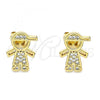 Oro Laminado Stud Earring, Gold Filled Style Little Boy Design, with White Micro Pave, Polished, Golden Finish, 02.342.0159