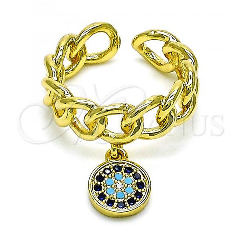 Oro Laminado Multi Stone Ring, Gold Filled Style Evil Eye and Curb Design, with Sapphire Blue and Turquoise Micro Pave, Polished, Golden Finish, 01.341.0092