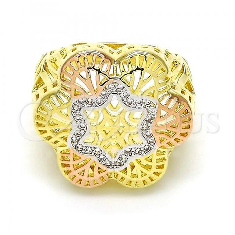 Oro Laminado Multi Stone Ring, Gold Filled Style Flower Design, with White Micro Pave, Polished, Tricolor, 01.26.0002.09 (Size 9)