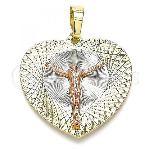 Oro Laminado Religious Pendant, Gold Filled Style Jesus and Heart Design, Diamond Cutting Finish, Tricolor, 05.380.0131