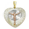 Oro Laminado Religious Pendant, Gold Filled Style Jesus and Heart Design, Diamond Cutting Finish, Tricolor, 05.380.0131