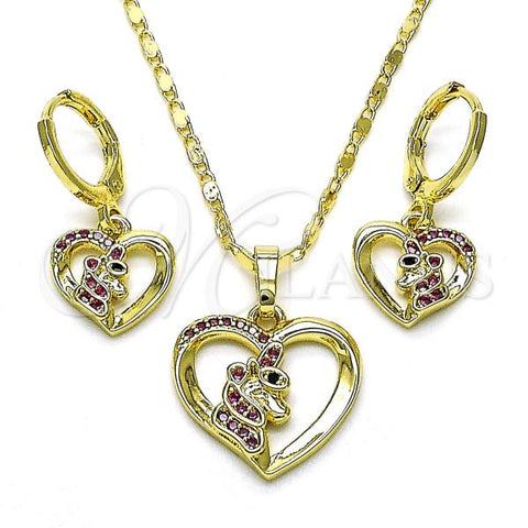 Oro Laminado Earring and Pendant Adult Set, Gold Filled Style Heart Design, with Ruby and Black Micro Pave, Polished, Golden Finish, 10.196.0121