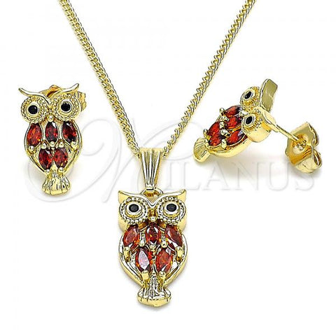 Oro Laminado Earring and Pendant Adult Set, Gold Filled Style Owl Design, with Garnet and Black Cubic Zirconia, Polished, Golden Finish, 10.210.0130.2