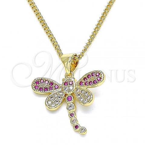 Oro Laminado Pendant Necklace, Gold Filled Style Dragon-Fly Design, with Ruby and White Micro Pave, Polished, Golden Finish, 04.156.0297.2.20