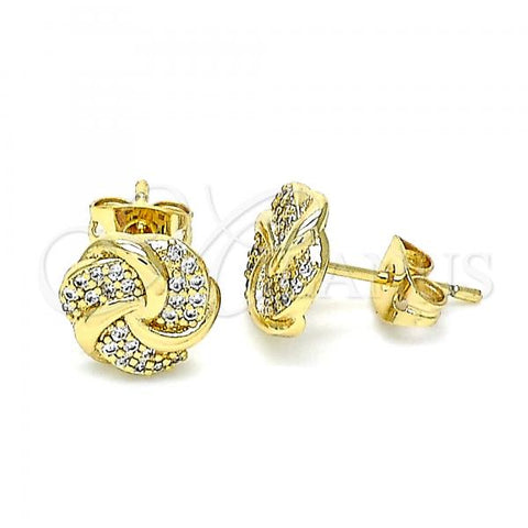 Oro Laminado Stud Earring, Gold Filled Style Love Knot Design, with White Micro Pave, Polished, Golden Finish, 02.342.0141
