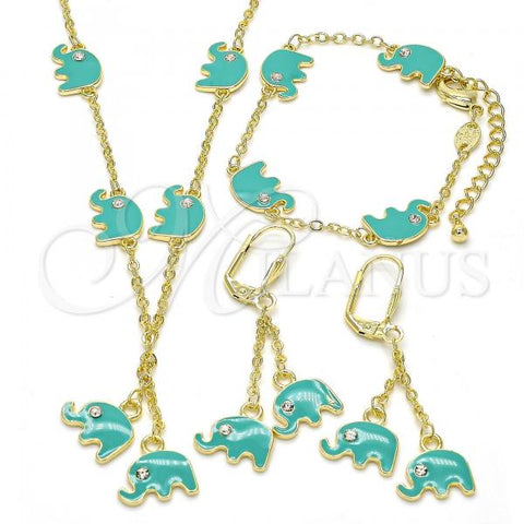 Oro Laminado Earring and Pendant Children Set, Gold Filled Style Elephant Design, with White Crystal, Turquoise Enamel Finish, Golden Finish, 06.60.0006