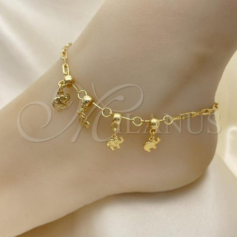 Oro Laminado Charm Anklet , Gold Filled Style Elephant and Paperclip Design, Polished, Golden Finish, 03.32.0613.10
