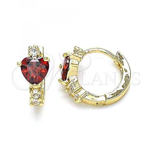 Oro Laminado Huggie Hoop, Gold Filled Style Heart Design, with Garnet and White Cubic Zirconia, Polished, Golden Finish, 02.210.0647.1.15