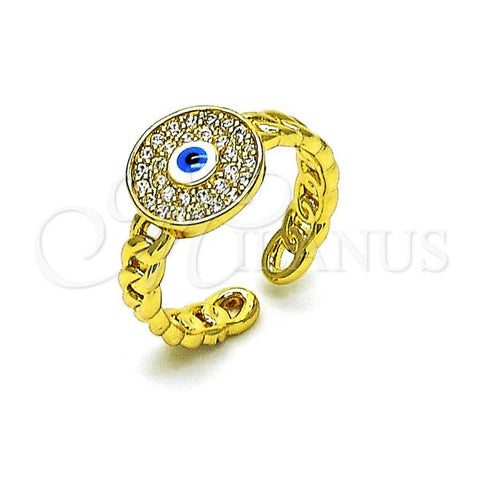 Oro Laminado Multi Stone Ring, Gold Filled Style Evil Eye and Concave Cuban Design, with White Micro Pave, Polished, Golden Finish, 01.341.0104