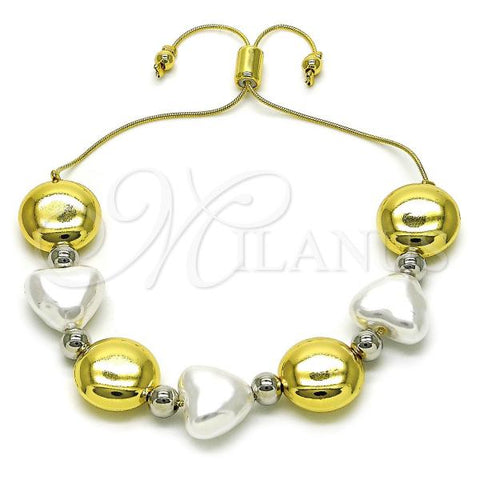 Oro Laminado Adjustable Bolo Bracelet, Gold Filled Style Heart and Ball Design, with Ivory Pearl, Polished, Two Tone, 03.341.0227.11
