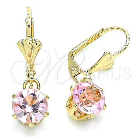 Oro Laminado Leverback Earring, Gold Filled Style with Pink Crystal, Polished, Golden Finish, 02.122.0112.3