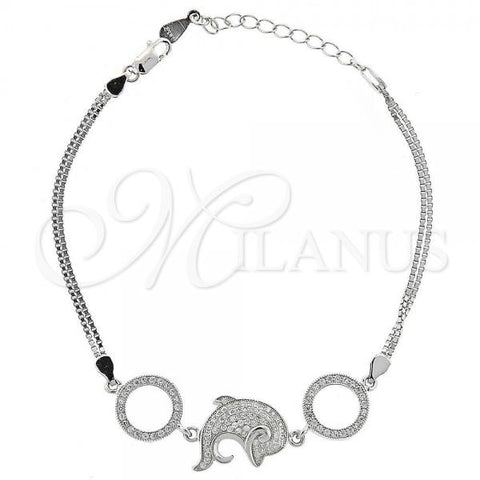Sterling Silver Fancy Bracelet, Dolphin Design, with White Cubic Zirconia, Polished, Rhodium Finish, 03.183.0032