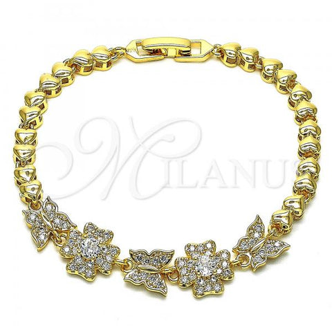 Oro Laminado Fancy Bracelet, Gold Filled Style Butterfly and Four-leaf Clover Design, with White Cubic Zirconia and White Micro Pave, Polished, Golden Finish, 03.283.0151.07