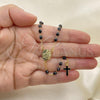 Oro Laminado Thin Rosary, Gold Filled Style Caridad del Cobre and Cross Design, with Black Azavache, Black Enamel Finish, Golden Finish, 09.02.0039.2.18