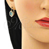 Oro Laminado Leverback Earring, Gold Filled Style Leaf Design, with Blue Topaz and White Crystal, Polished, Golden Finish, 02.122.0082.9