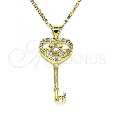 Oro Laminado Pendant Necklace, Gold Filled Style key Design, with White Micro Pave and White Cubic Zirconia, Polished, Golden Finish, 04.156.0431.20