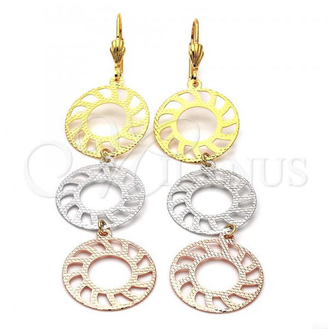 Oro Laminado Long Earring, Gold Filled Style Sun Design, Diamond Cutting Finish, Tricolor, 5.090.004