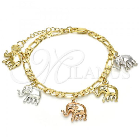 Oro Laminado Charm Bracelet, Gold Filled Style Elephant Design, Polished, Tricolor, 03.351.0013.07