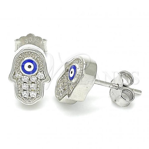 Sterling Silver Stud Earring, Hand of God and Evil Eye Design, with White Micro Pave, Blue Enamel Finish, Rhodium Finish, 02.336.0152