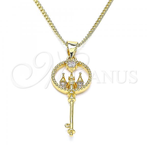 Oro Laminado Pendant Necklace, Gold Filled Style key Design, with White Micro Pave and White Cubic Zirconia, Polished, Golden Finish, 04.156.0432.20