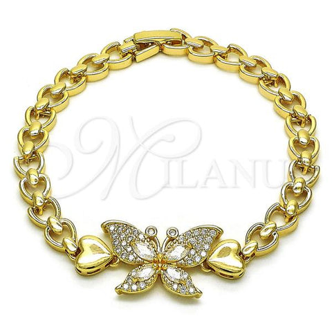 Oro Laminado Fancy Bracelet, Gold Filled Style Butterfly and Heart Design, with White Cubic Zirconia and White Micro Pave, Polished, Golden Finish, 03.283.0330.07
