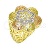 Oro Laminado Multi Stone Ring, Gold Filled Style Flower Design, with White Micro Pave, Polished, Tricolor, 01.26.0002.08 (Size 8)