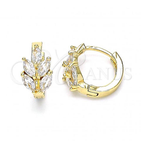Oro Laminado Huggie Hoop, Gold Filled Style Leaf Design, with White Cubic Zirconia, Polished, Golden Finish, 02.210.0649.15