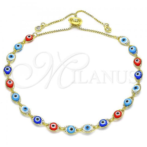 Oro Laminado Adjustable Bolo Bracelet, Gold Filled Style Evil Eye Design, with White Cubic Zirconia, Multicolor Resin Finish, Golden Finish, 03.386.0006.2.11