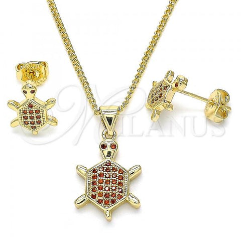 Oro Laminado Earring and Pendant Adult Set, Gold Filled Style Turtle Design, with Garnet Micro Pave, Polished, Golden Finish, 10.156.0019.1
