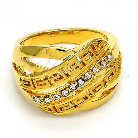 Oro Laminado Multi Stone Ring, Gold Filled Style Greek Key Design, with White Crystal, Polished, Golden Finish, 01.118.0036.09 (Size 9)