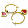 Stainless Steel Medium Hoop, Heart Design, Red Enamel Finish, Golden Finish, 02.364.0008.1.30