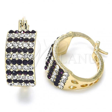 Oro Laminado Small Hoop, Gold Filled Style with Amethyst and White Crystal, Polished, Golden Finish, 02.100.0072.4.15