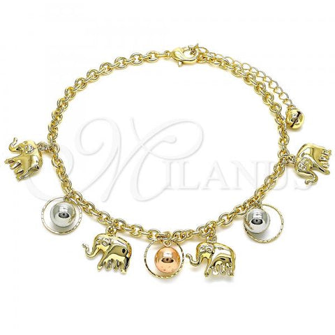 Oro Laminado Charm Anklet , Gold Filled Style Elephant and Ball Design, Polished, Tricolor, 03.331.0202.10