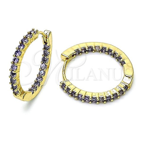 Oro Laminado Huggie Hoop, Gold Filled Style with Amethyst Cubic Zirconia, Polished, Golden Finish, 02.210.0625.6.20