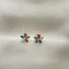 Oro Laminado Stud Earring, Gold Filled Style Flower Design, Green Enamel Finish, Golden Finish, 02.02.0504