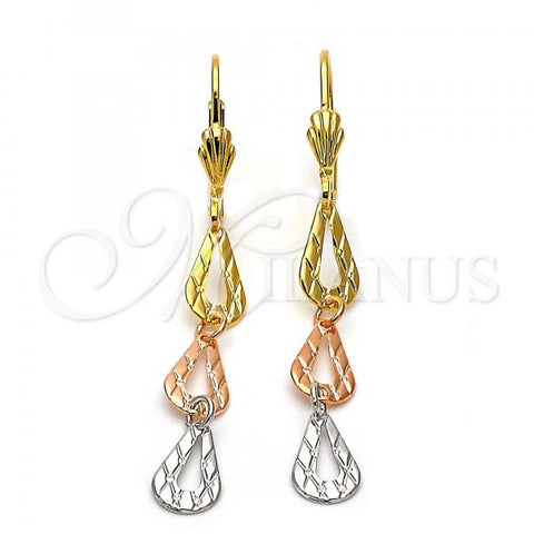 Oro Laminado Long Earring, Gold Filled Style Teardrop Design, Diamond Cutting Finish, Tricolor, 02.63.2150