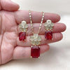 Oro Laminado Earring and Pendant Adult Set, Gold Filled Style Flower Design, with Garnet Cubic Zirconia and White Micro Pave, Polished, Golden Finish, 10.196.0190.4
