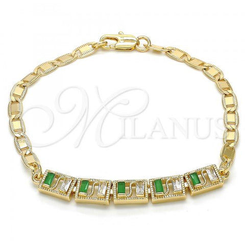 Oro Laminado Fancy Bracelet, Gold Filled Style with Green and White Cubic Zirconia, Polished, Golden Finish, 03.63.1995.3.08