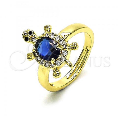 Oro Laminado Multi Stone Ring, Gold Filled Style Turtle Design, with Sapphire Blue Cubic Zirconia and White Micro Pave, Polished, Golden Finish, 01.284.0086.4