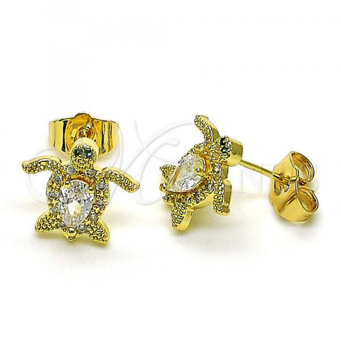 Oro Laminado Stud Earring, Gold Filled Style Turtle Design, with White Cubic Zirconia and White Micro Pave, Polished, Golden Finish, 02.210.0750
