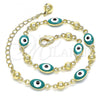 Oro Laminado Fancy Anklet, Gold Filled Style Evil Eye Design, Green Enamel Finish, Golden Finish, 03.213.0033.5.10