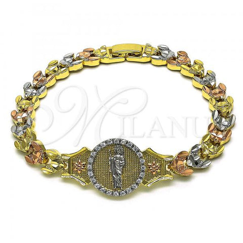 Oro Laminado Fancy Bracelet, Gold Filled Style San Judas and Flower Design, with White Micro Pave, Diamond Cutting Finish, Tricolor, 03.253.0081.08