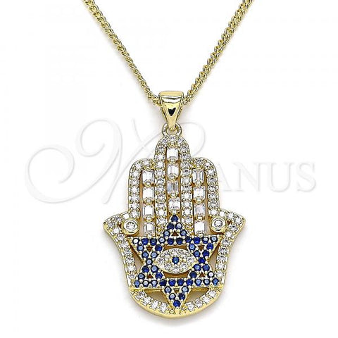 Oro Laminado Pendant Necklace, Gold Filled Style Hand of God and Star of David Design, with Sapphire Blue and White Micro Pave, Polished, Golden Finish, 04.156.0210.20